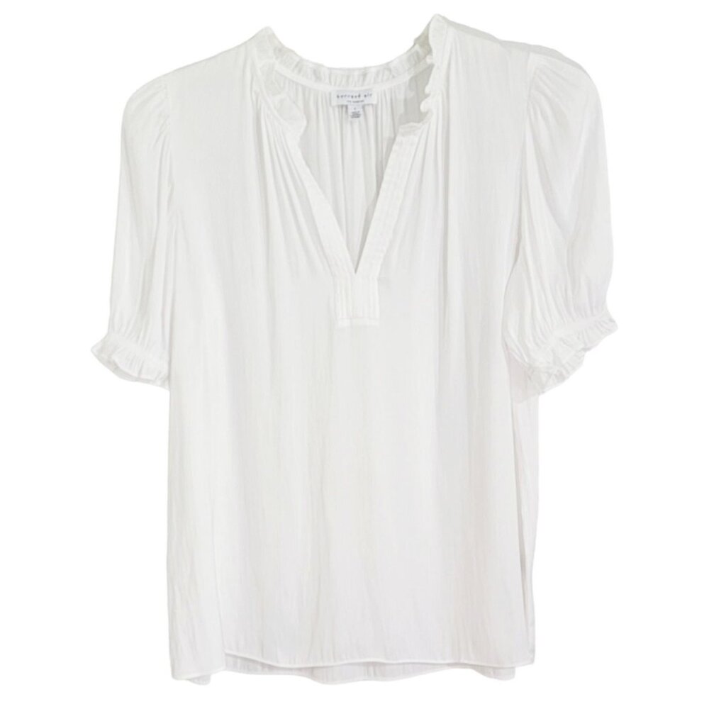 Current Air Womens White Elbow Sleeve Ruffled Trim Split Neck Blouse Size Large - Picture 1 of 7